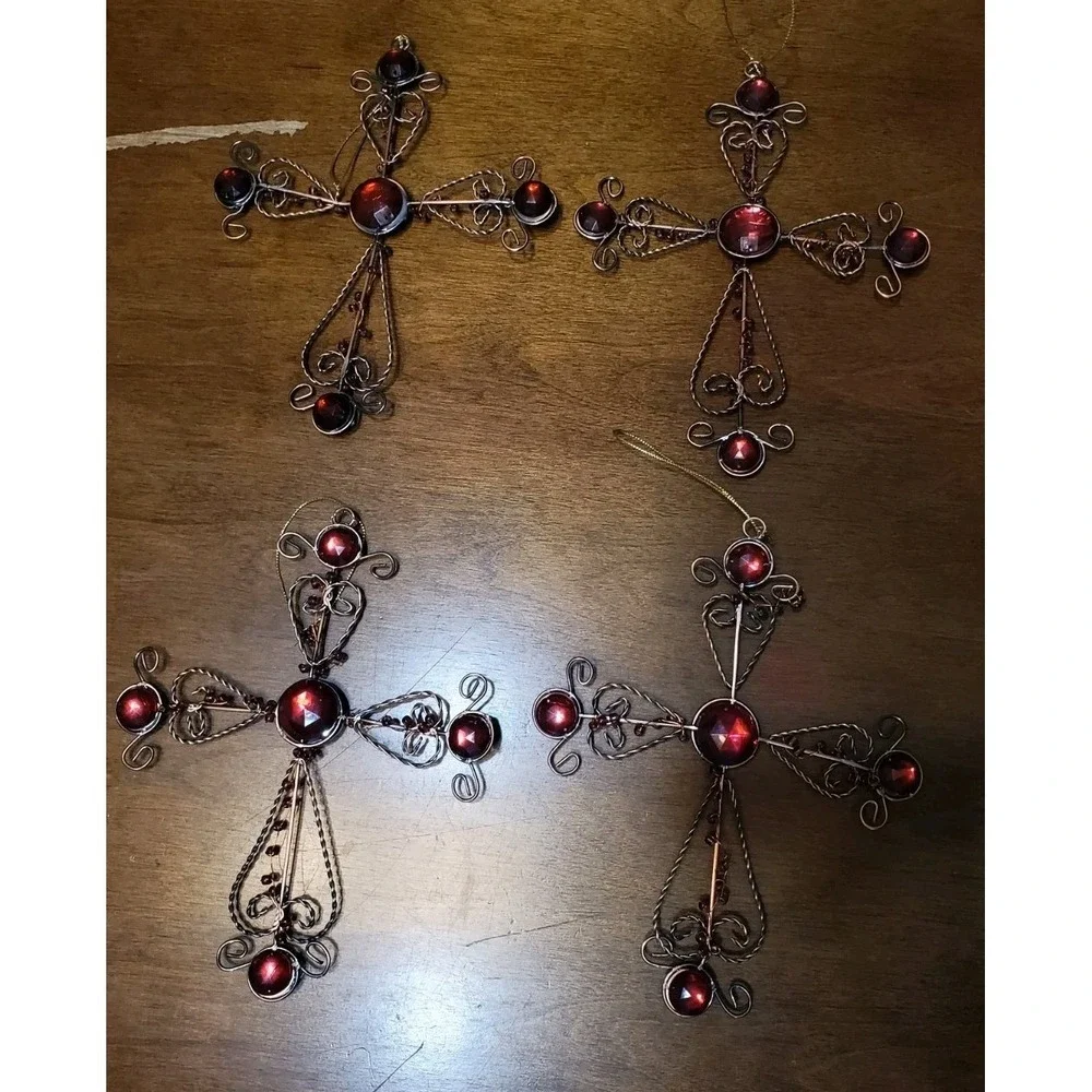 Lot‎ 11 Wire Cross Ornaments Red Beaded Rustic Christian Decor + 1 Repair